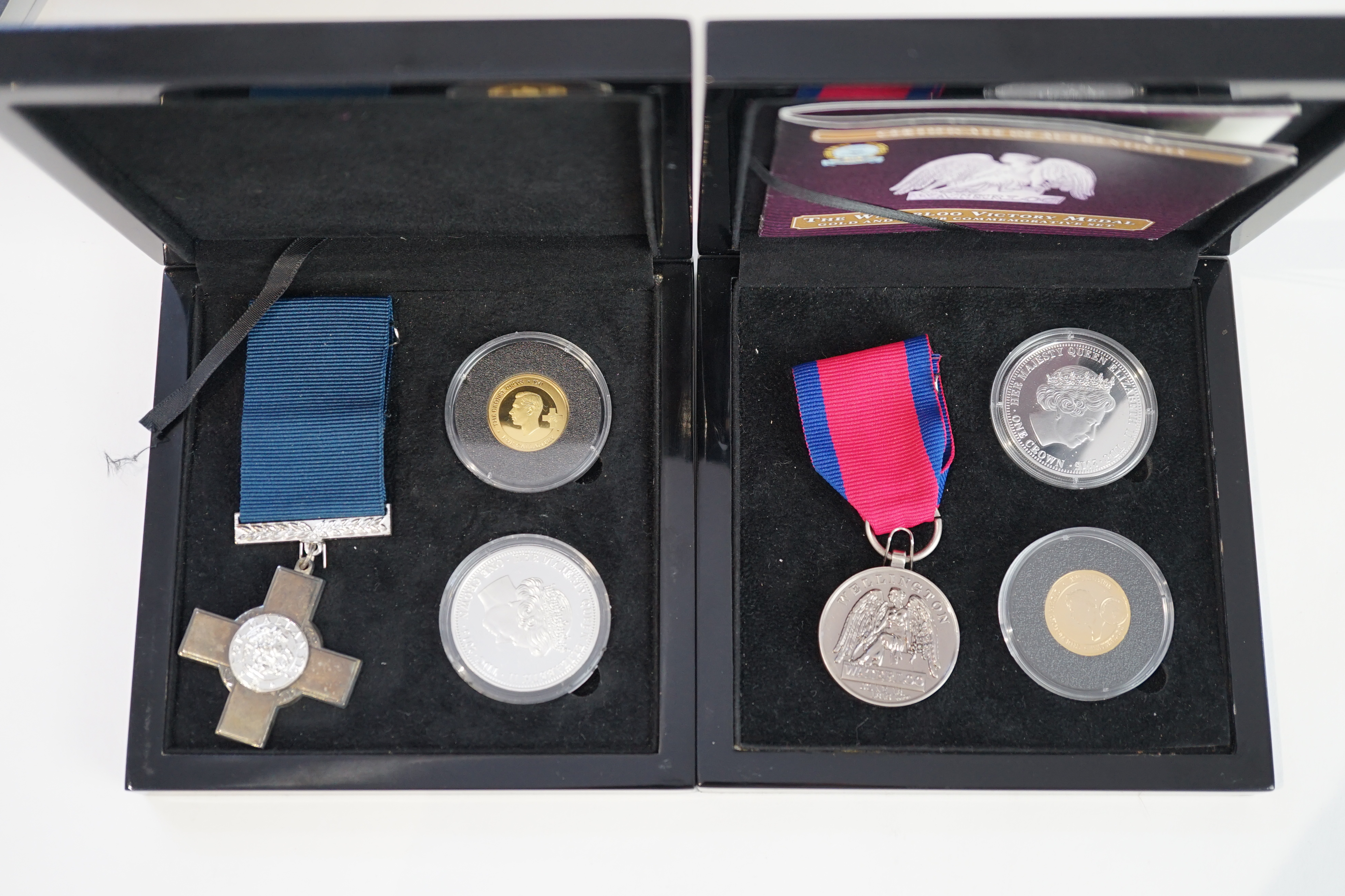 Gold commemorative coins, Elizabeth II, Tristan da Cunha, The George Cross and the Waterloo victory medal gold and silver commemorative sets, 2013 & 2015